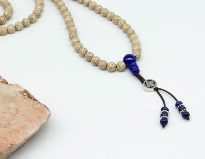 Lotus Seed & Lapis Lazuli Mala with Silver Double Dorje – 8mm