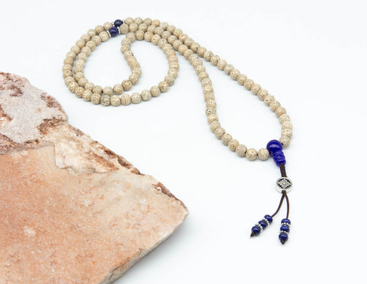 Lotussamen &amp; Lapislazuli-Mala mit silbernem Doppel-Dorje – 8 mm