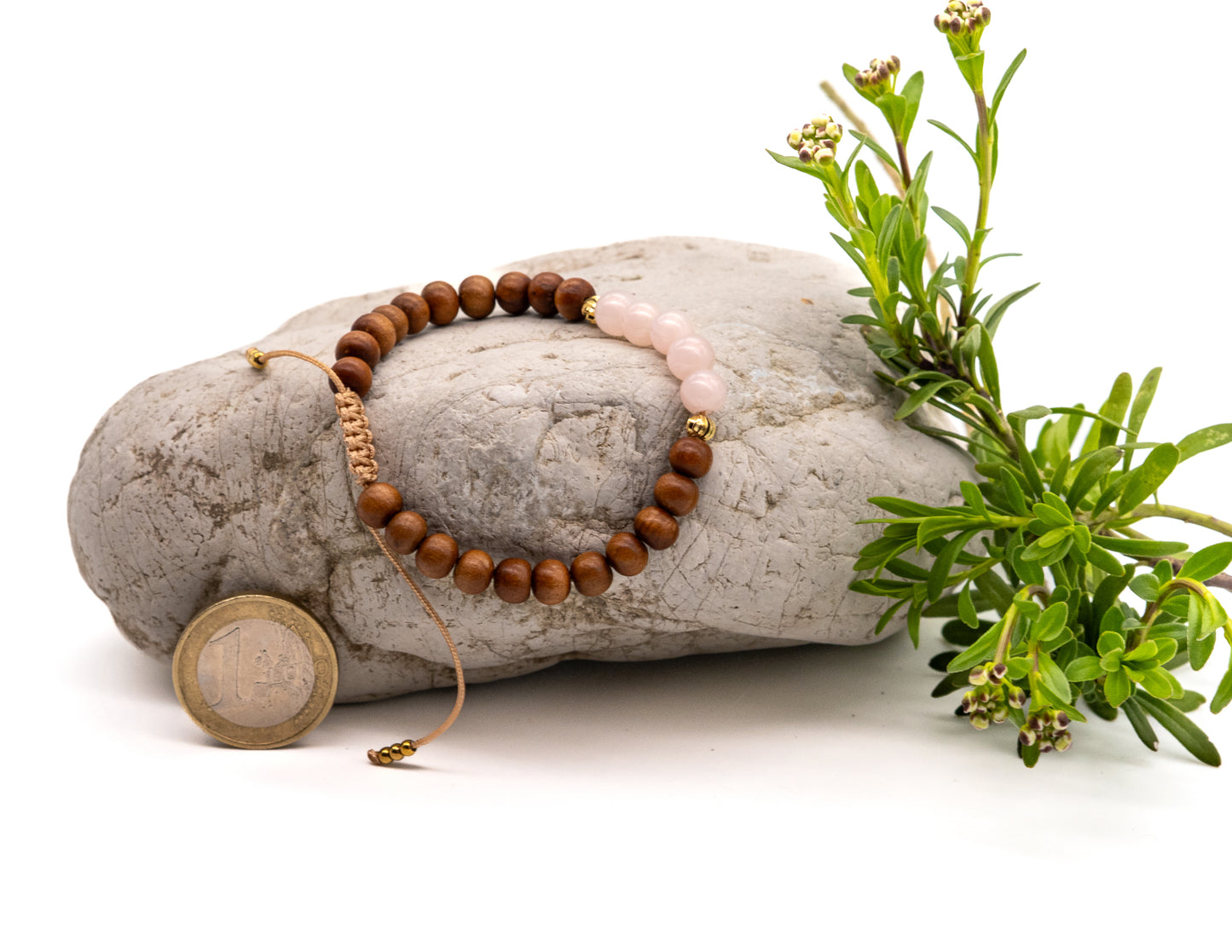 Handgelenk-Mala aus Sandelholz & Rosenquarz – 6 mm