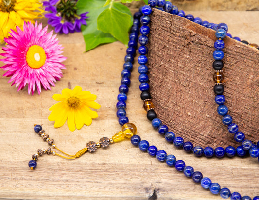 Lapislazuli &amp; Schwarzer Onyx und Citrin Mala 8mm