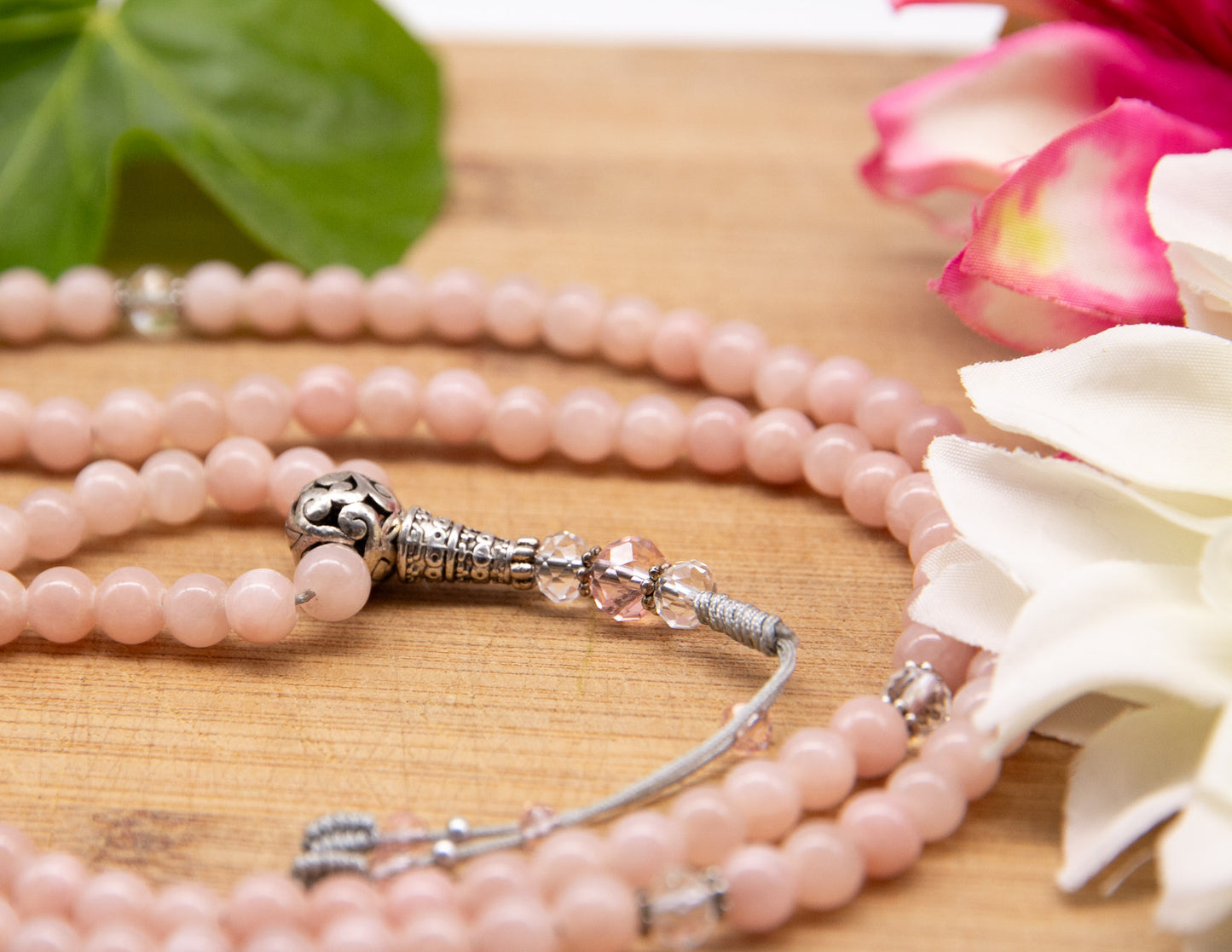 Mala aus rosa Angelit und facettiertem Glas – 6 mm
